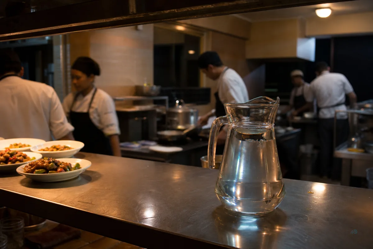 Hotel and restaurant kitchen peak service with clear drinking water
