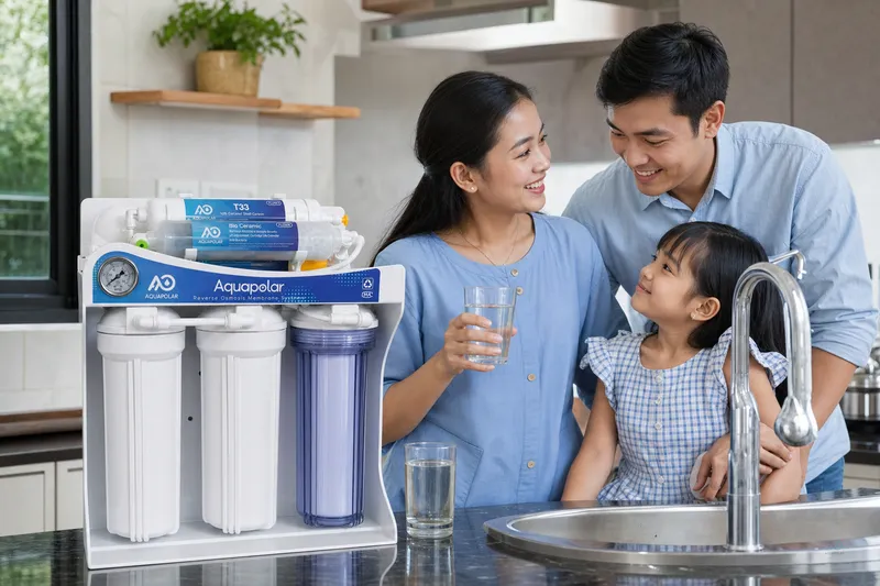 Family with clear water and AQUAPOLAR RO in a home kitchen