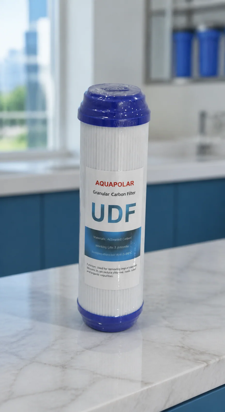 AQUAPOLAR 10-inch UDF granular carbon filter in a clean showroom scene