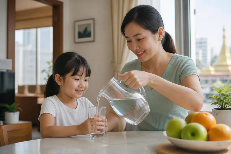 Family sharing clear drinking water at home