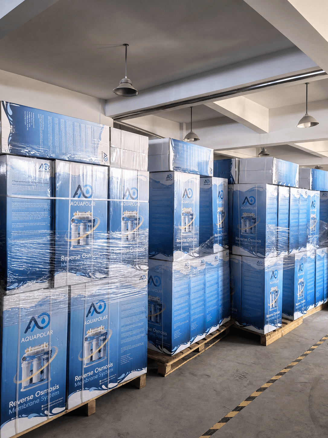 Palletized AQUAPOLAR RO systems in the Yangon warehouse