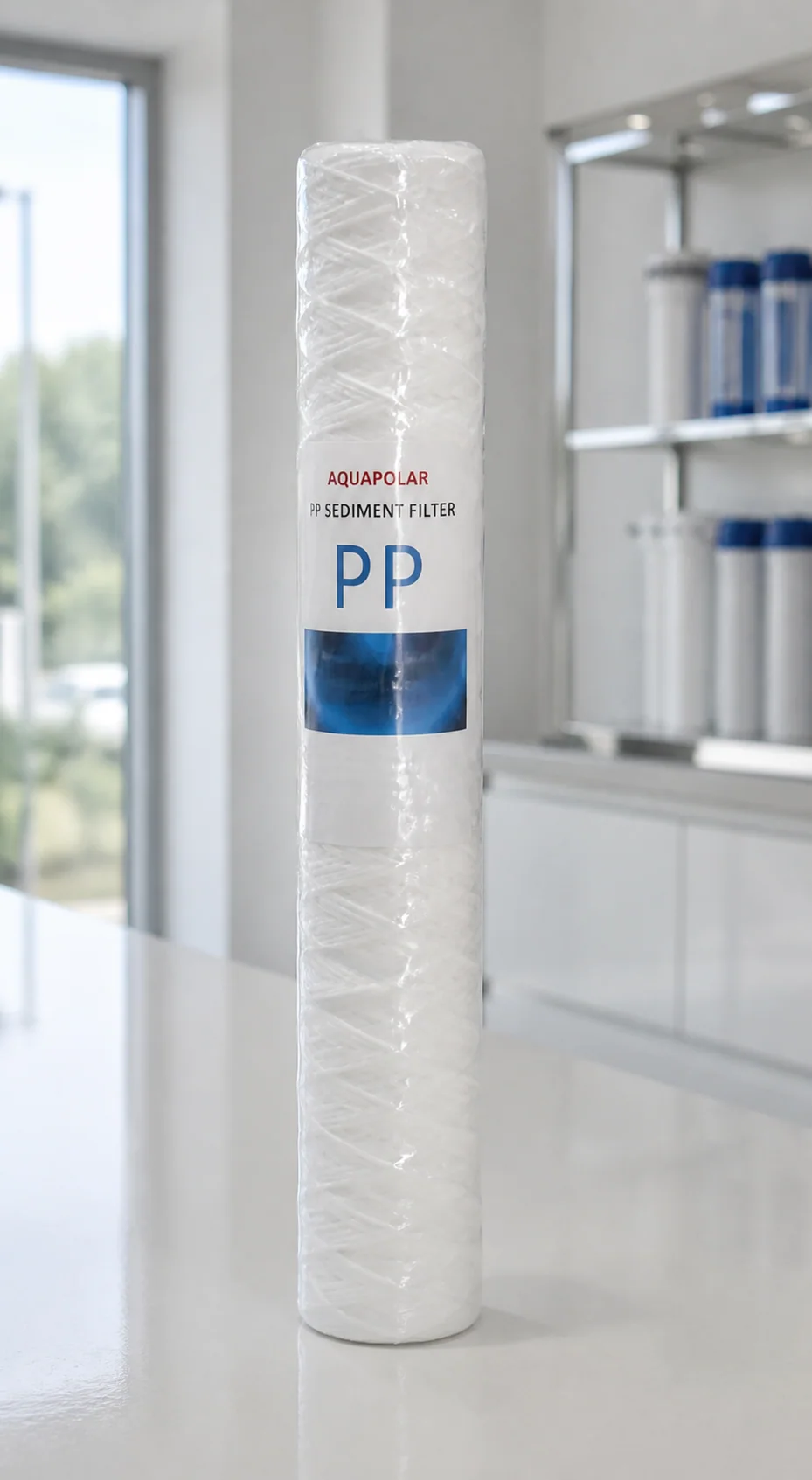 AQUAPOLAR 20-inch PP sediment filter in a clean showroom scene