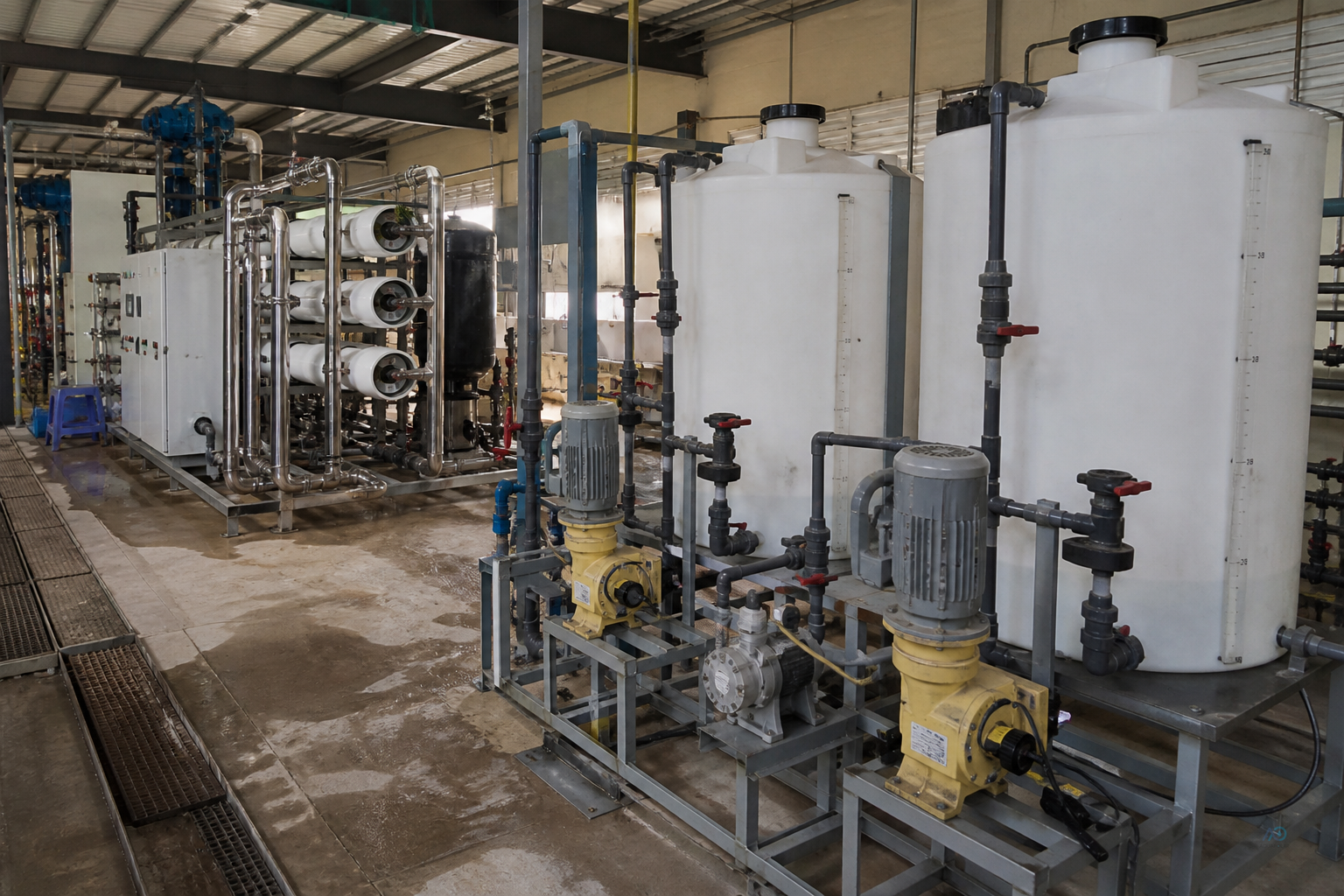 Myanmar water factory dosing skid with engineer reviewing antiscalant pump and membrane log