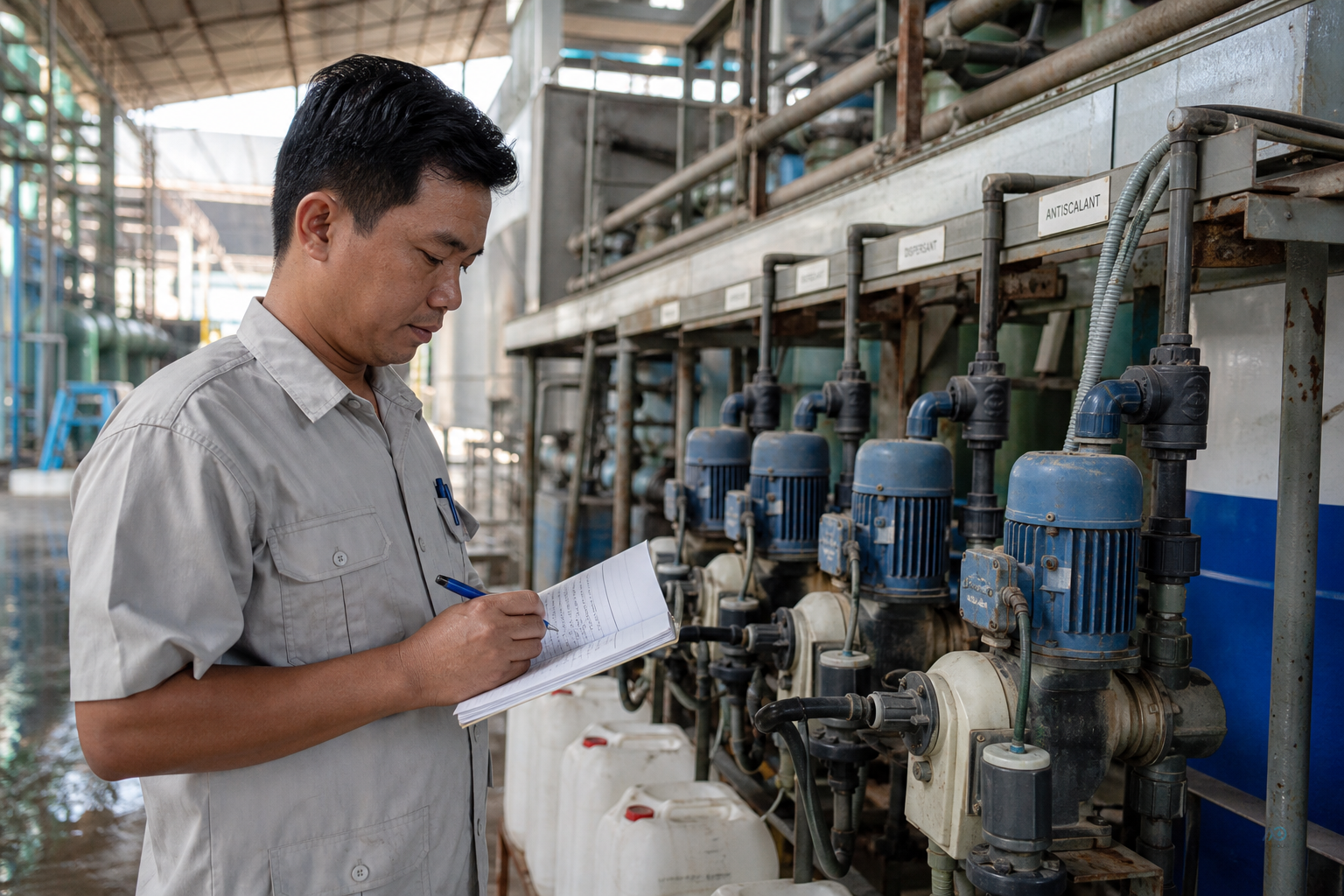 Water factory engineer reviewing antiscalant balance with AQUAPOLAR plant team