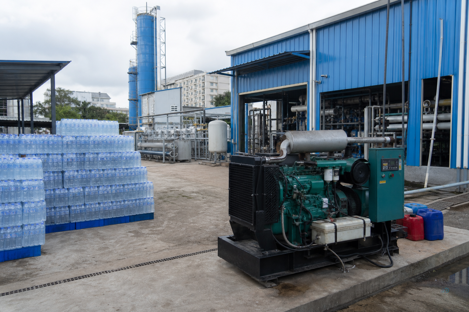 Yangon purified-water plant yard with diesel generator and bottled water crates during an outage