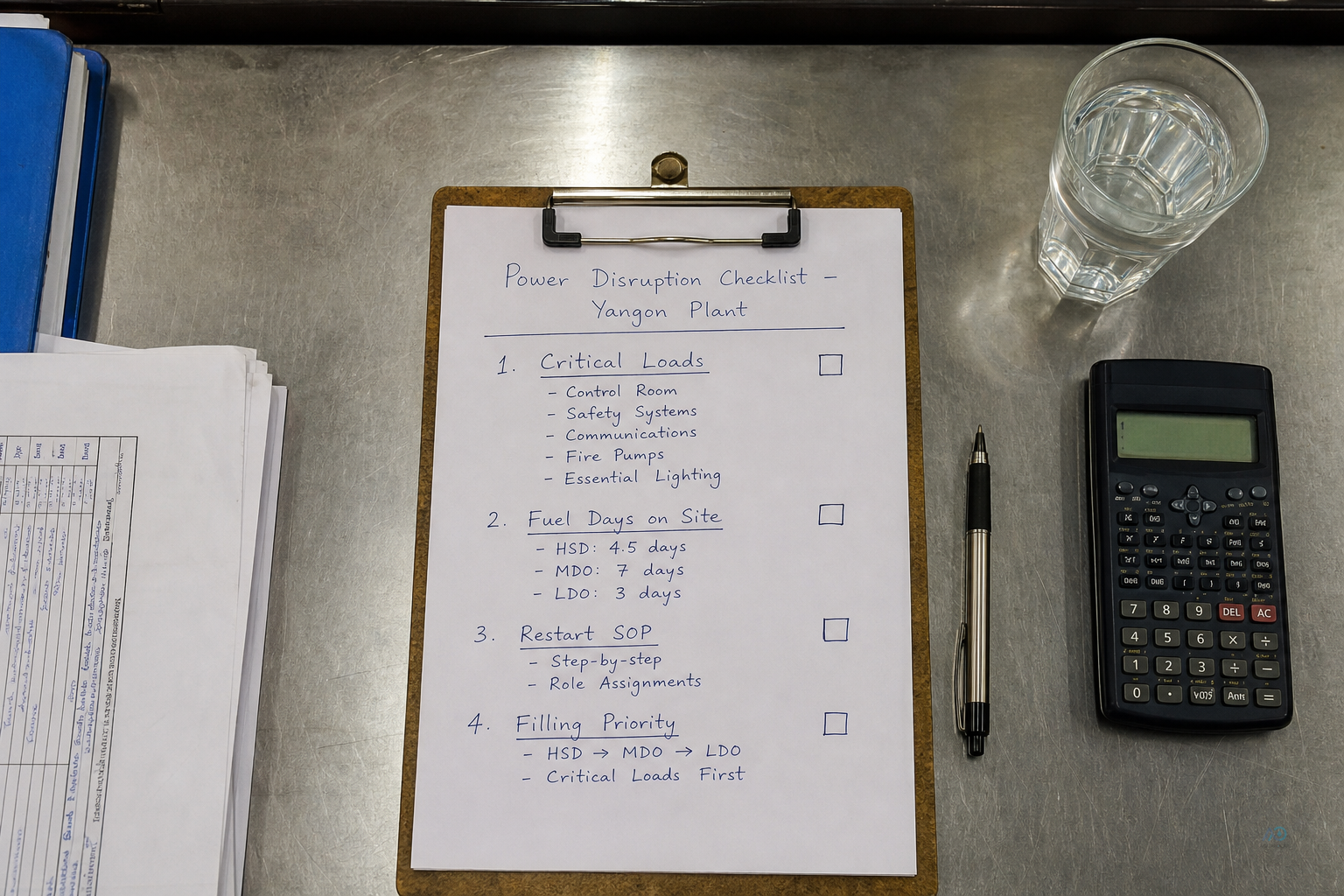 Plant manager checklist: critical loads, fuel days, restart SOP, filling priority
