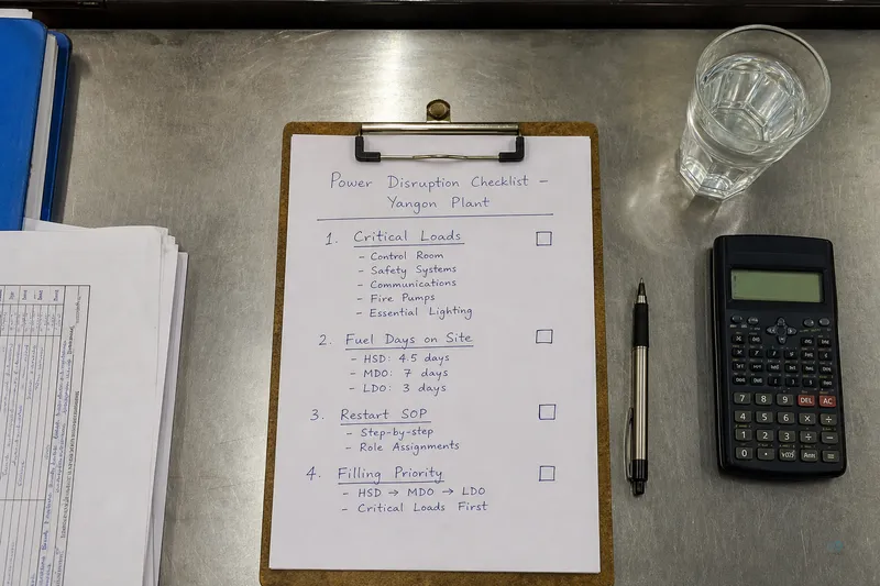 Plant manager checklist: critical loads, fuel days, restart SOP, filling priority