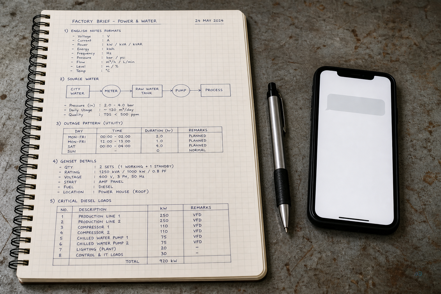 Notebook brief for plant quote: formats, source, outage hours, genset, critical loads