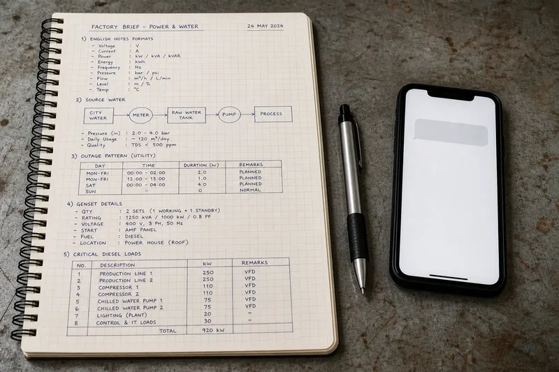 Notebook brief for plant quote: formats, source, outage hours, genset, critical loads