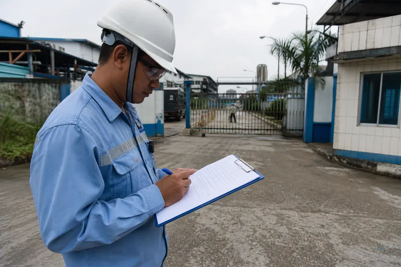 Five factory questions written on a site brief — production, feed water, filling, utilities, operators