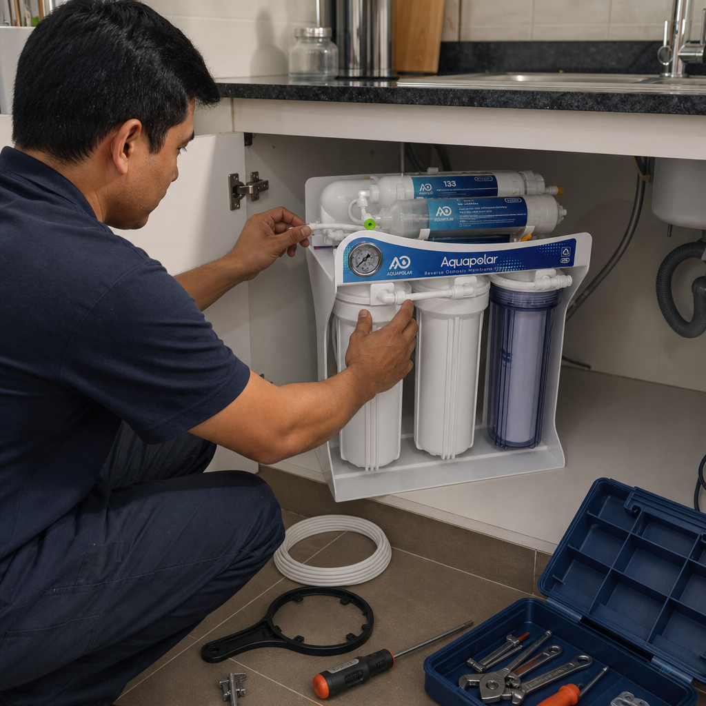 Installed RO machine in a clean Yangon home kitchen — after-install reference for family of five