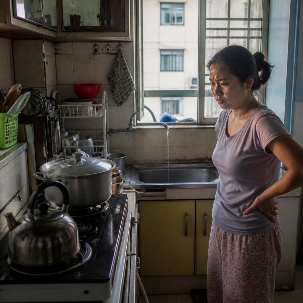 Myanmar kitchen during morning peak demand — cooking, tea, and drinking water all drawing from the same purified line