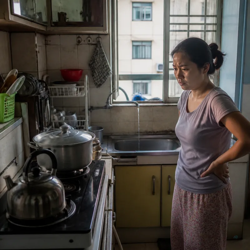 Myanmar kitchen during morning peak demand — cooking, tea, and drinking water all drawing from the same purified line