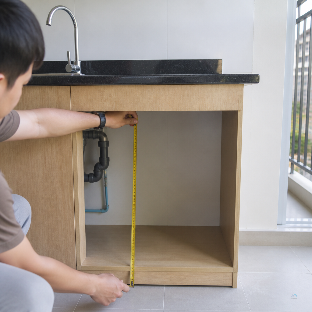 Under-sink cabinet measurement for RO machine and storage tank installation in Yangon home