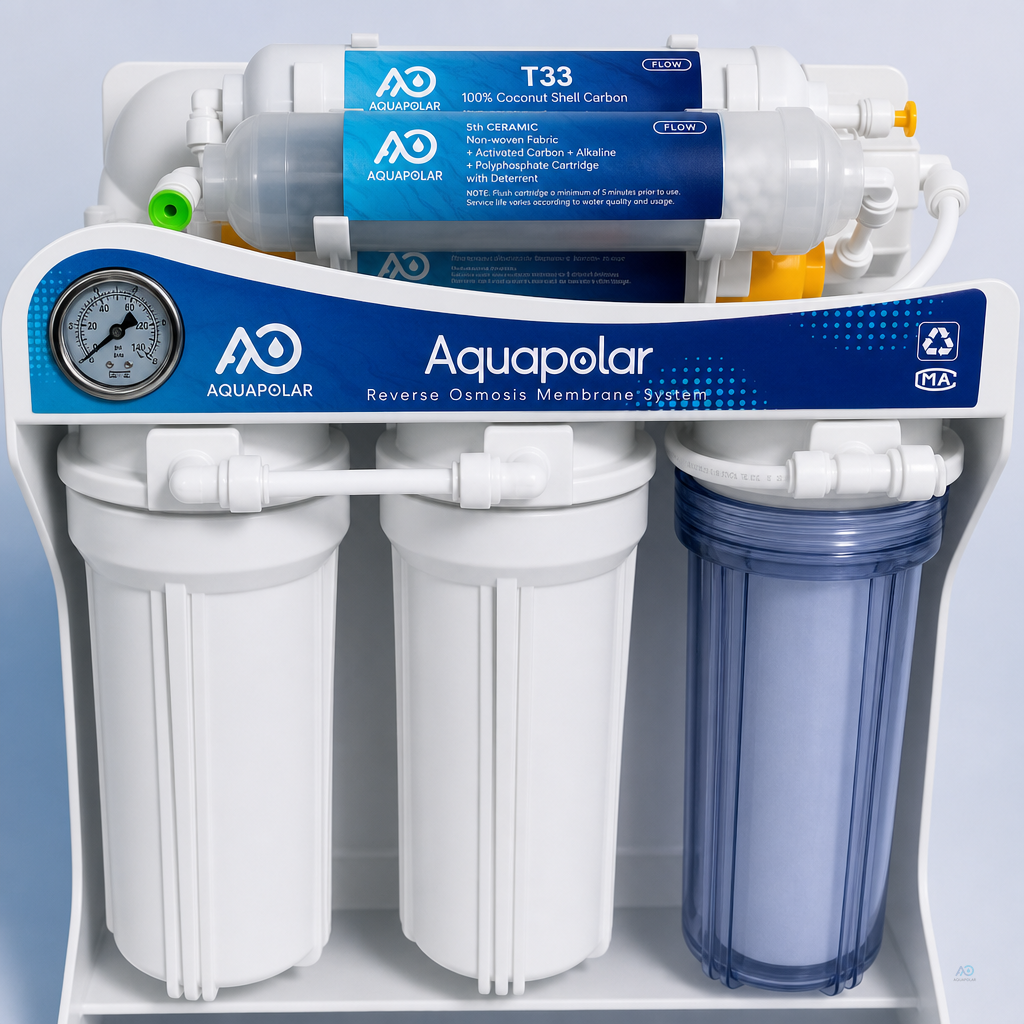 Three-housing 400GPD-class reverse osmosis machine in clean studio lighting — product reference for family sizing discussion