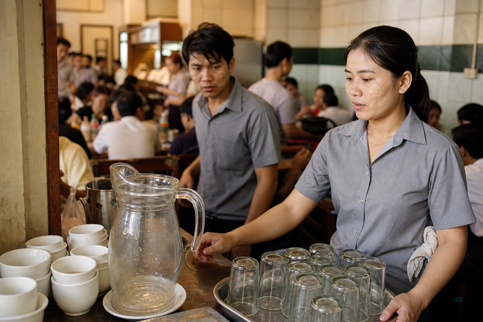 Yangon tea shop lunch rush — staff waiting on one purified jug
