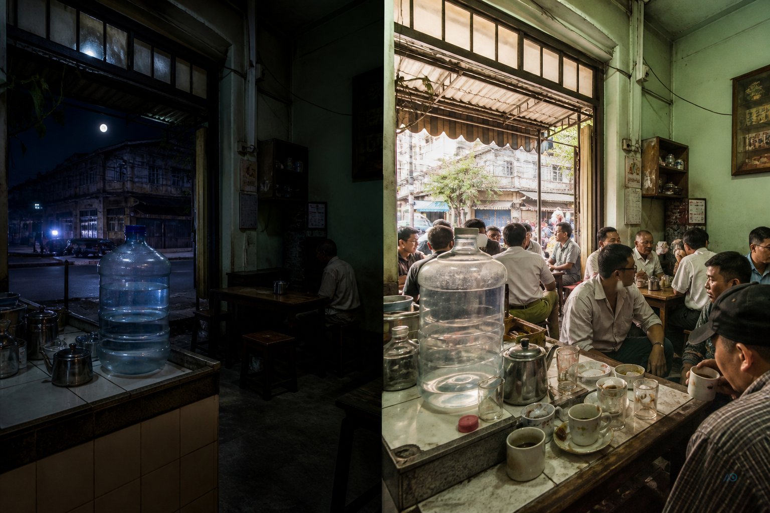 Quiet overnight RO jug next to a packed lunch-service counter