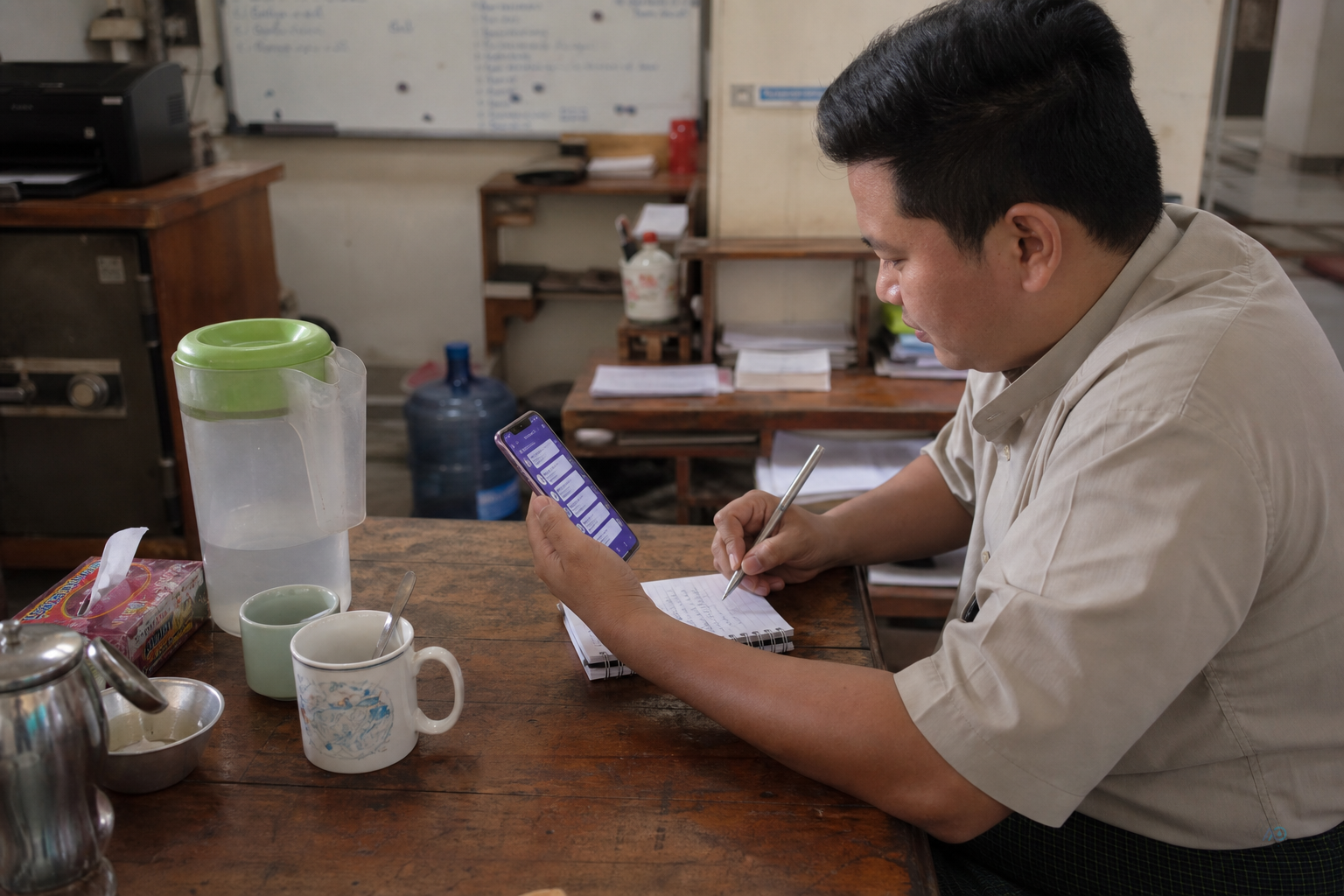 Shop owner writing lunch-rush water questions for Viber