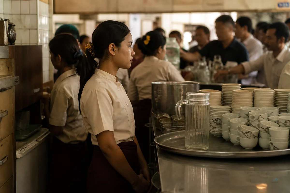 Yangon shop lunch rush — home RO jug empty while cups wait