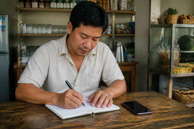 Owner writing peak-service notes before commercial RO quote