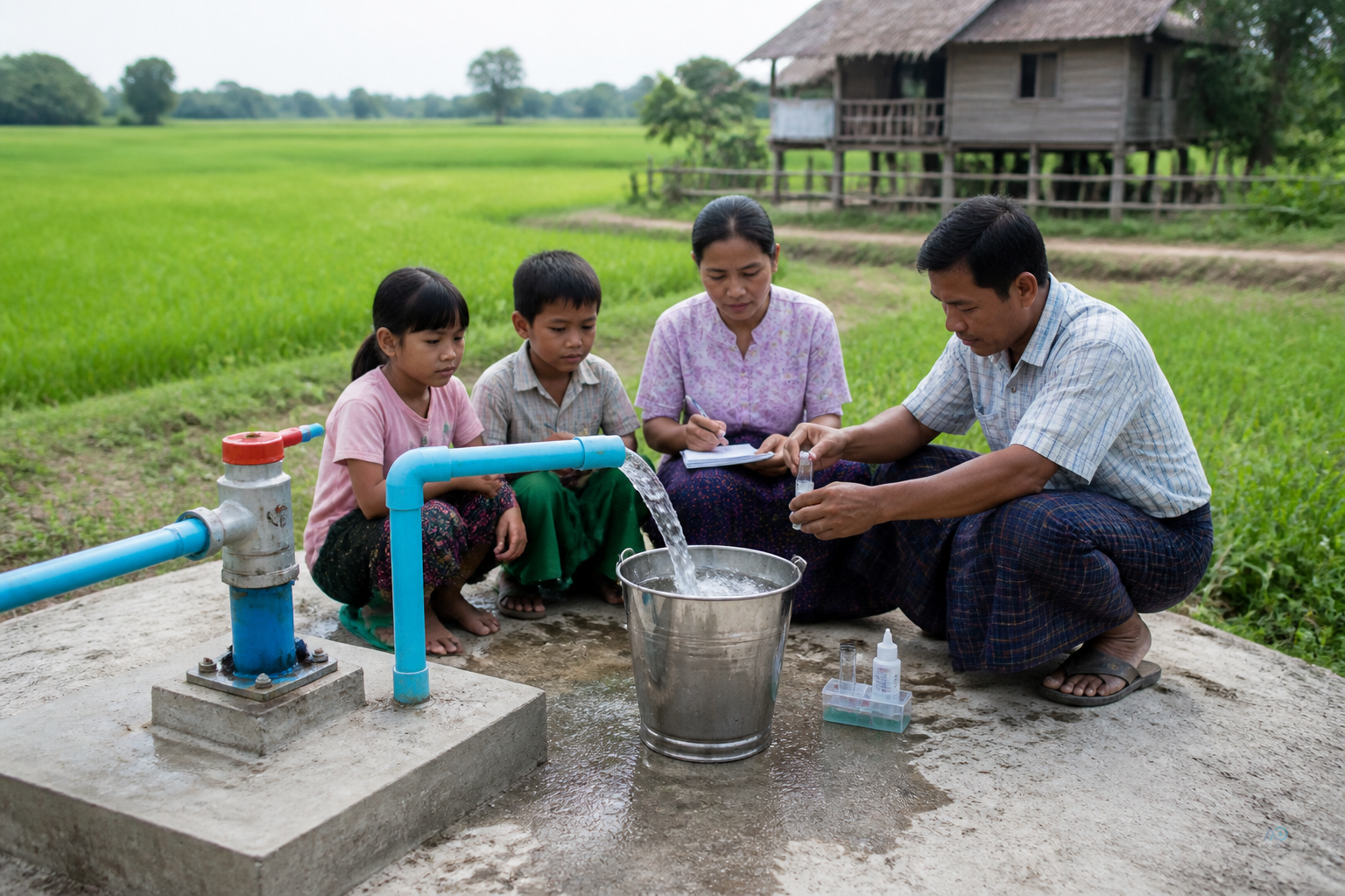 Newly drilled Ayeyarwady Delta tube well with family preparing a first arsenic test note