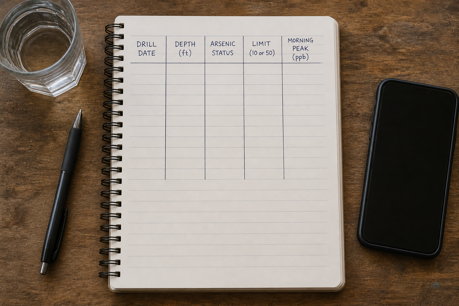 Notebook for Viber brief — drill date, depth, arsenic status, limit 10 or 50, morning peak
