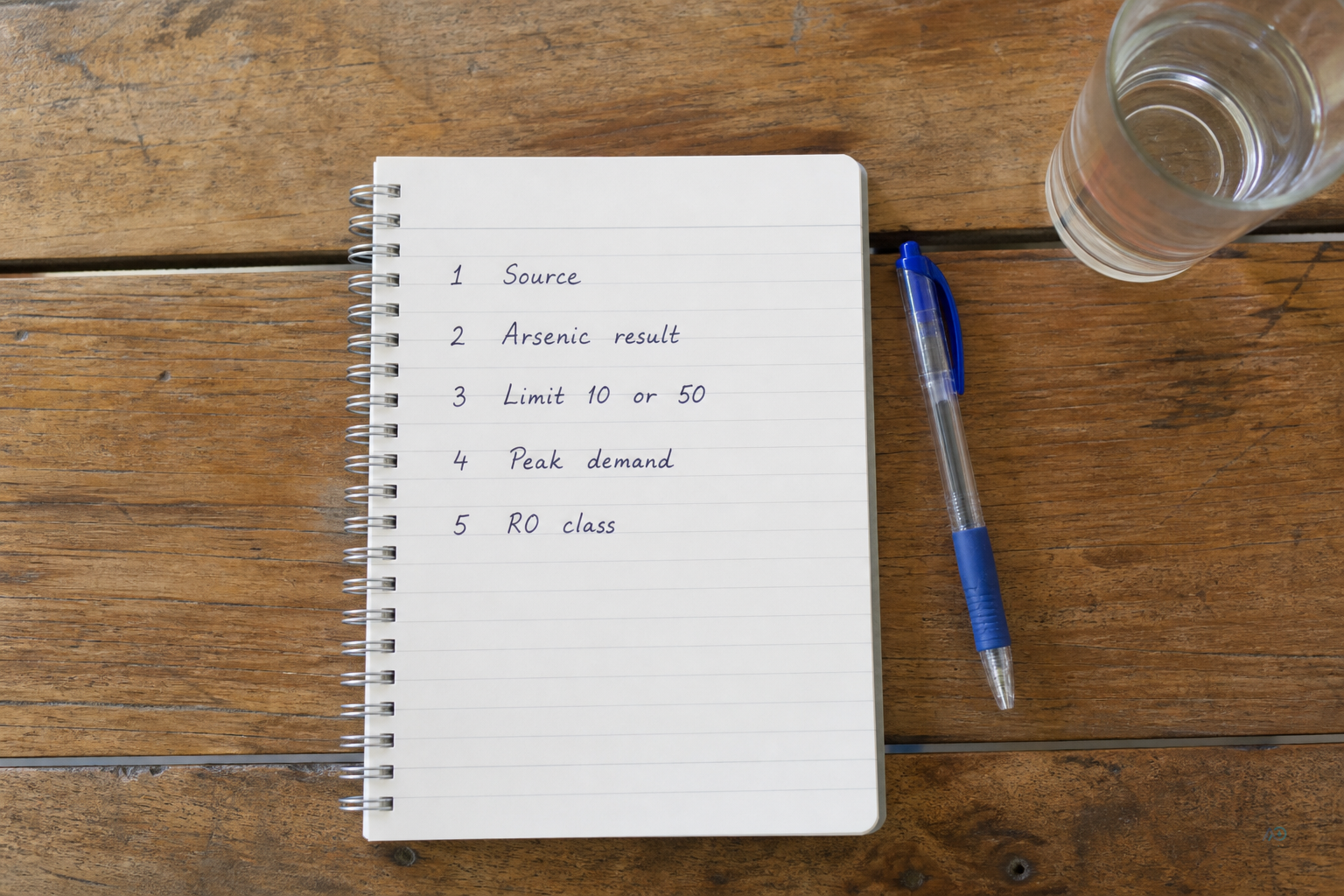 Checklist order: source, arsenic result, limit used, peak demand, then RO class
