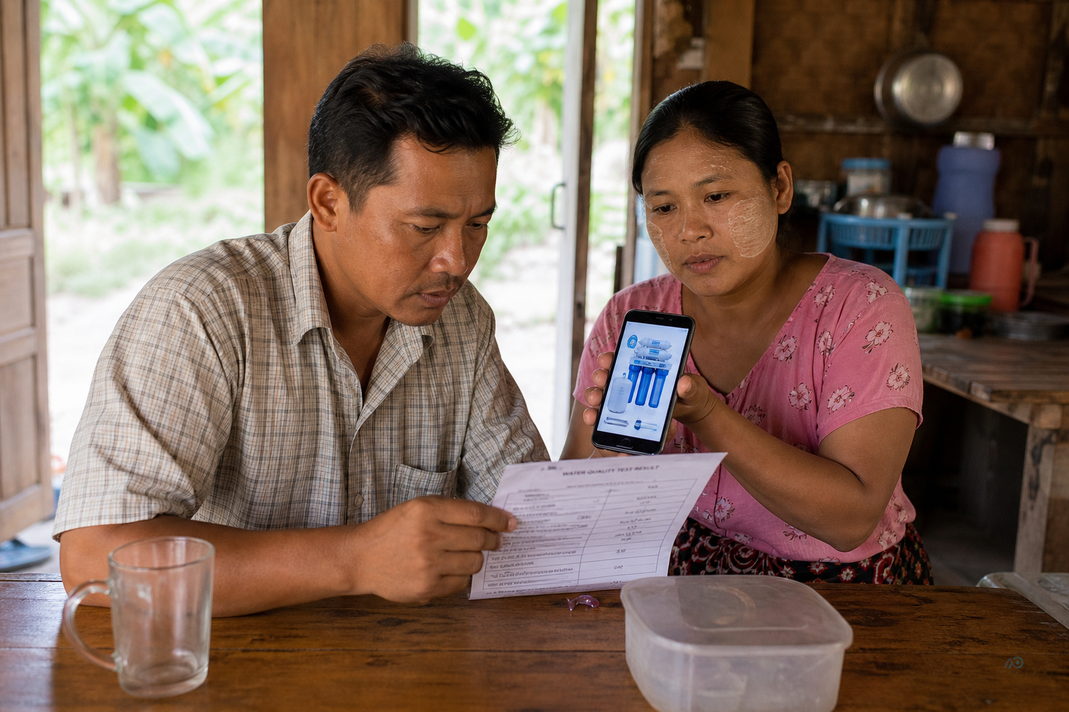 Delta household comparing a well test slip with RO ads on a phone