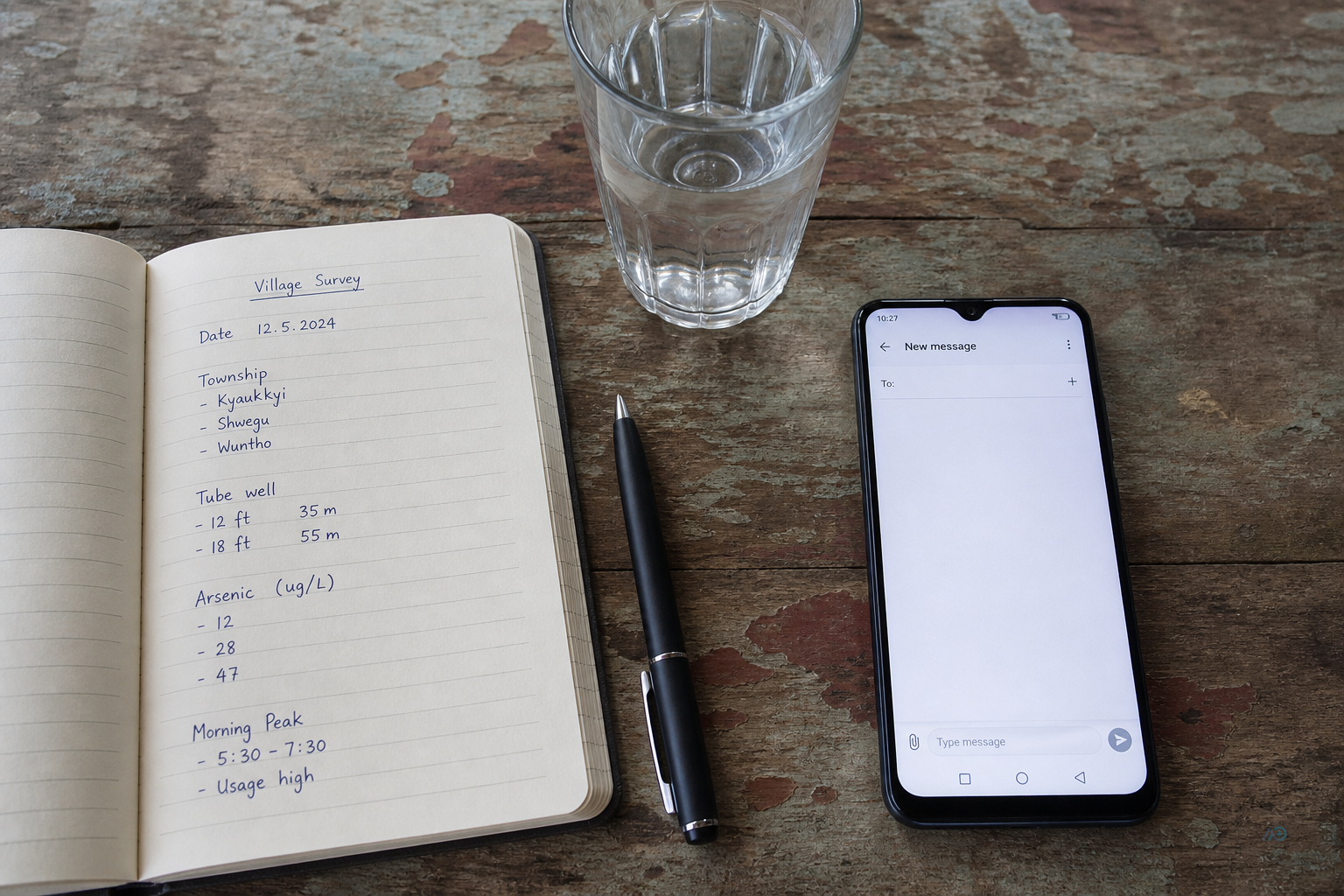 Notebook brief for Viber: township, well type, arsenic notes, morning peak