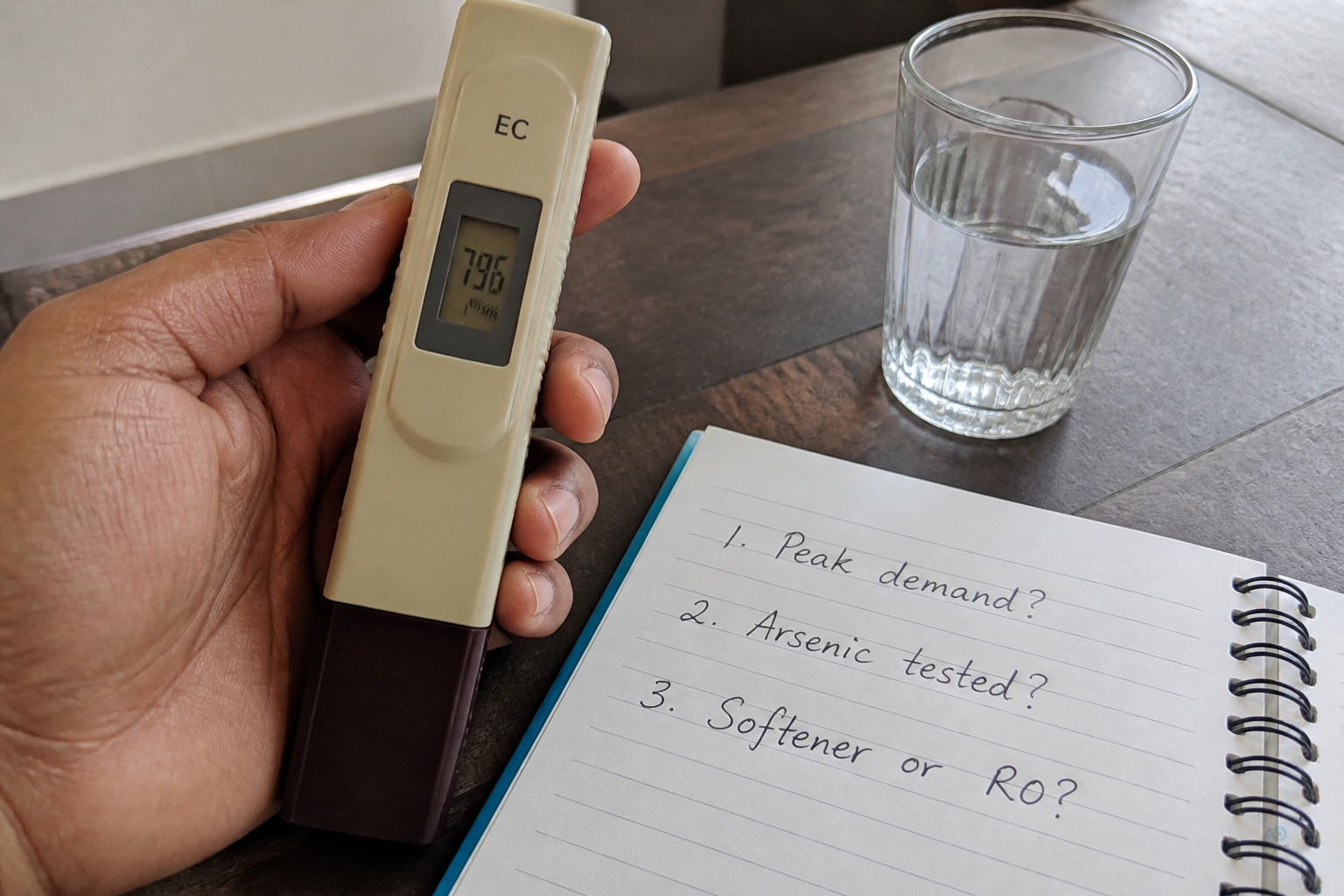 EC meter reading beside unanswered questions about peak demand and arsenic