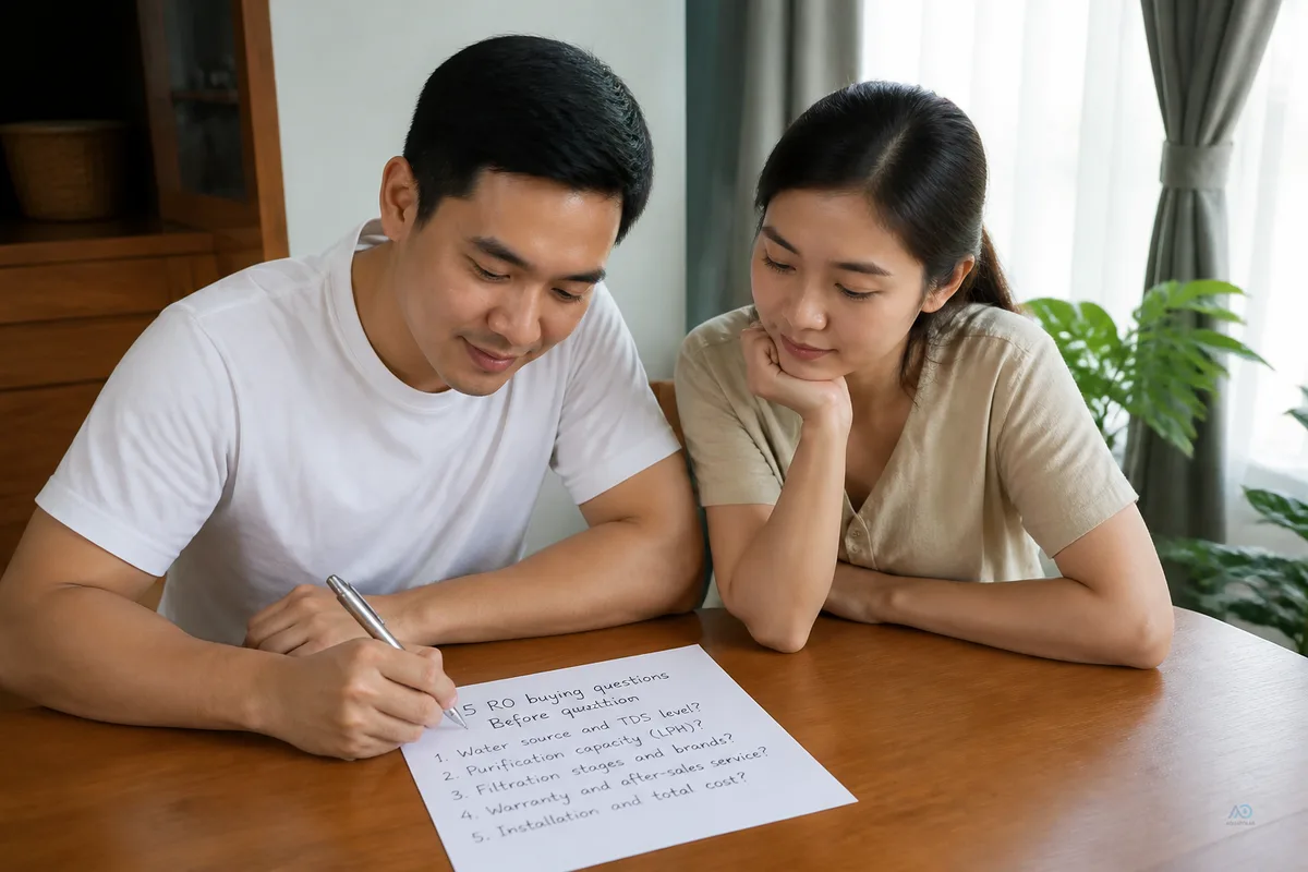 Home buyer preparing five RO quotation questions before contacting sellers
