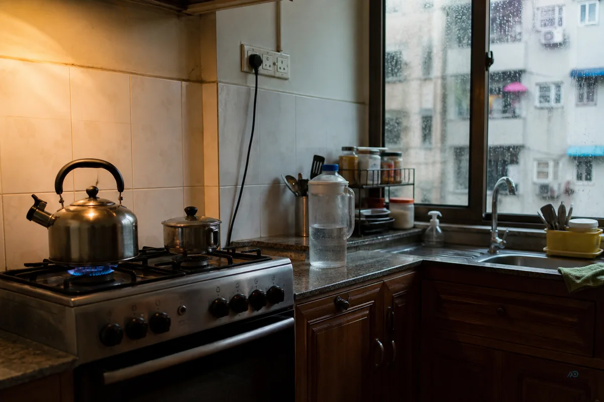Yangon kitchen — tea kettle and cooking with home water