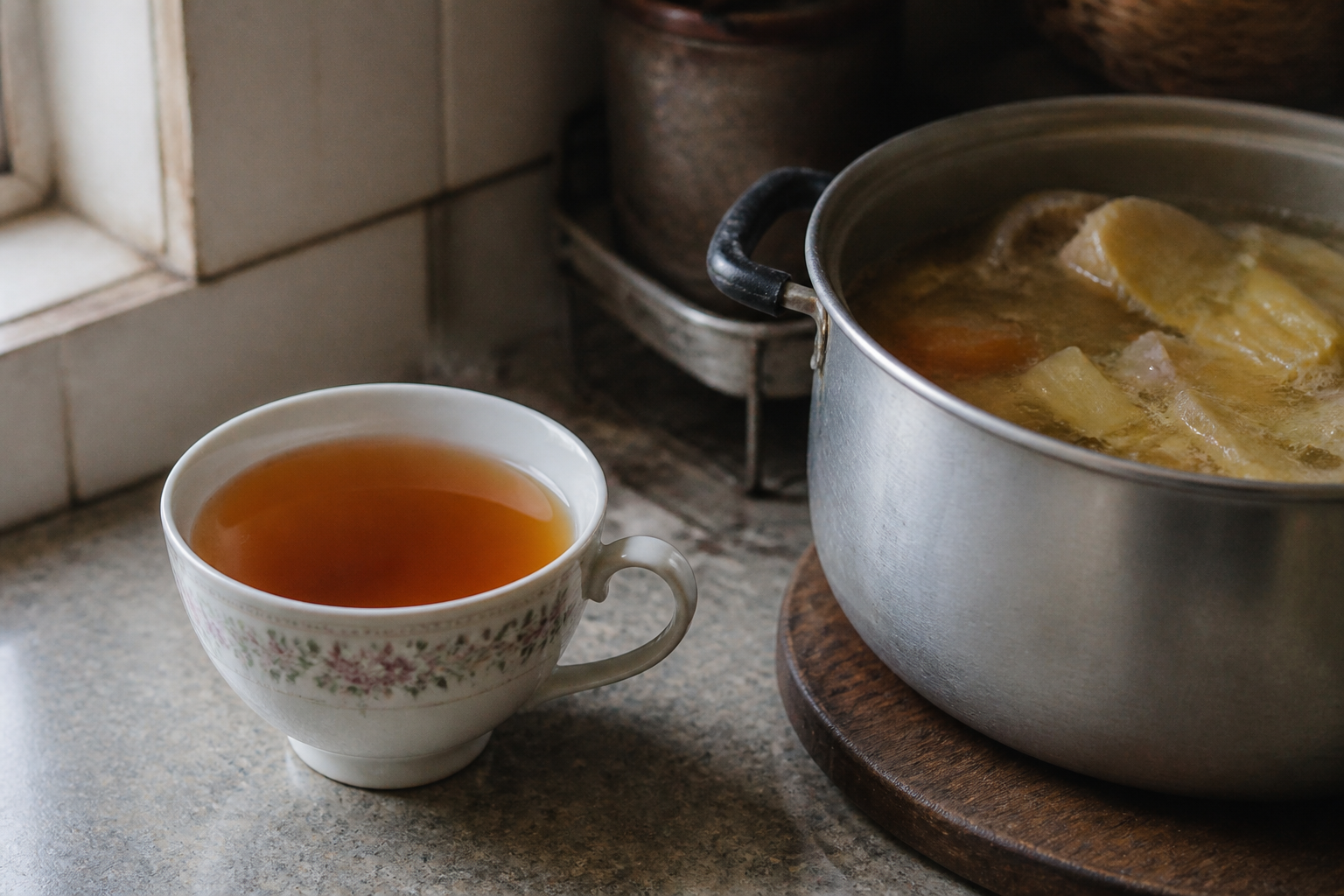 Cup of tea next to cooking pot — taste check