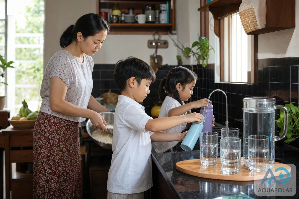 Yangon home — kids bottles, guests, rice wash sharing one RO