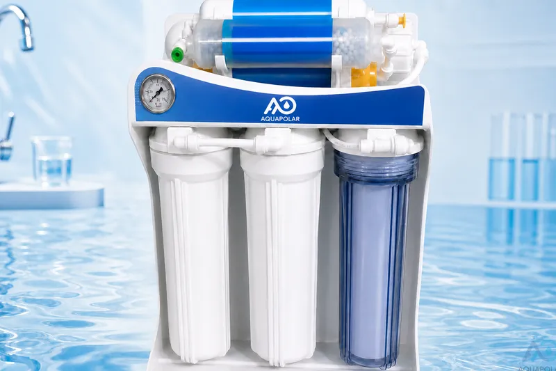Three-housing 400GPD-class reverse osmosis machine in a clean studio