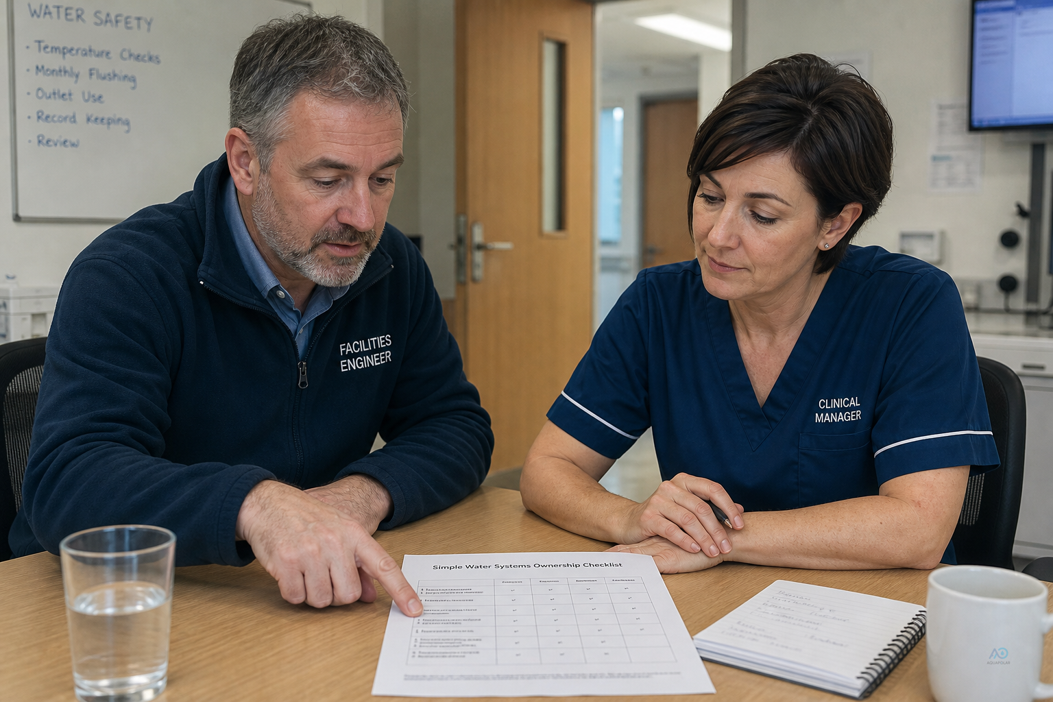 Hospital cooling tower ownership chart — facilities, HVAC vendor, IC committee roles