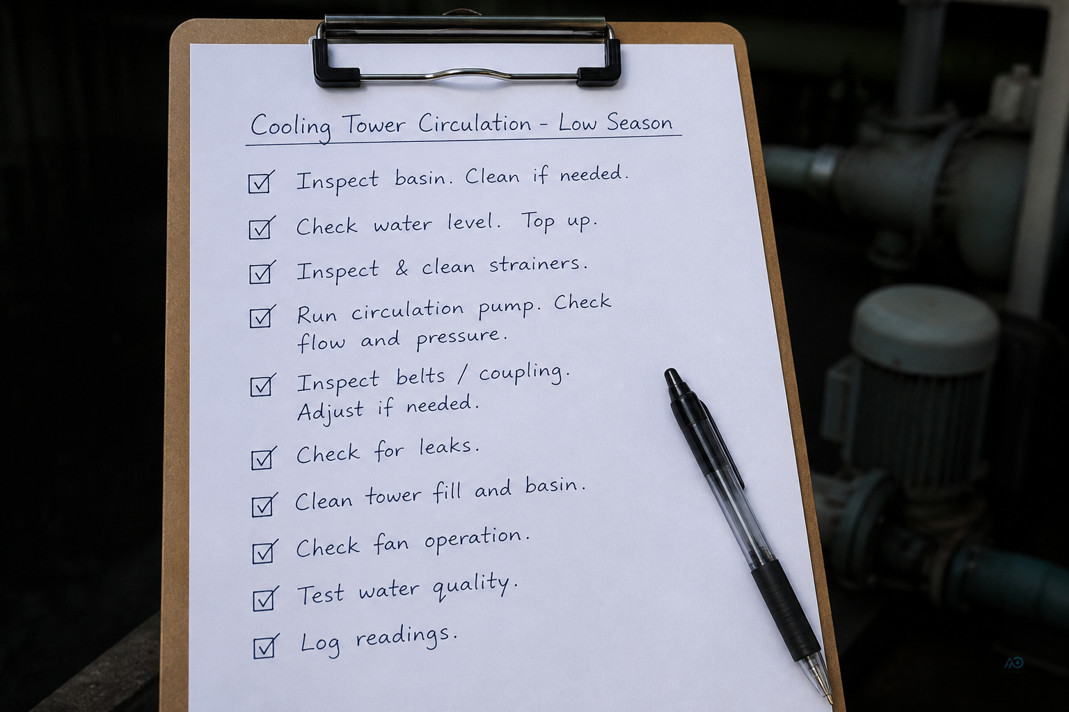 Hotel engineering checklist — wet standby circulation, basin clean, valve labels