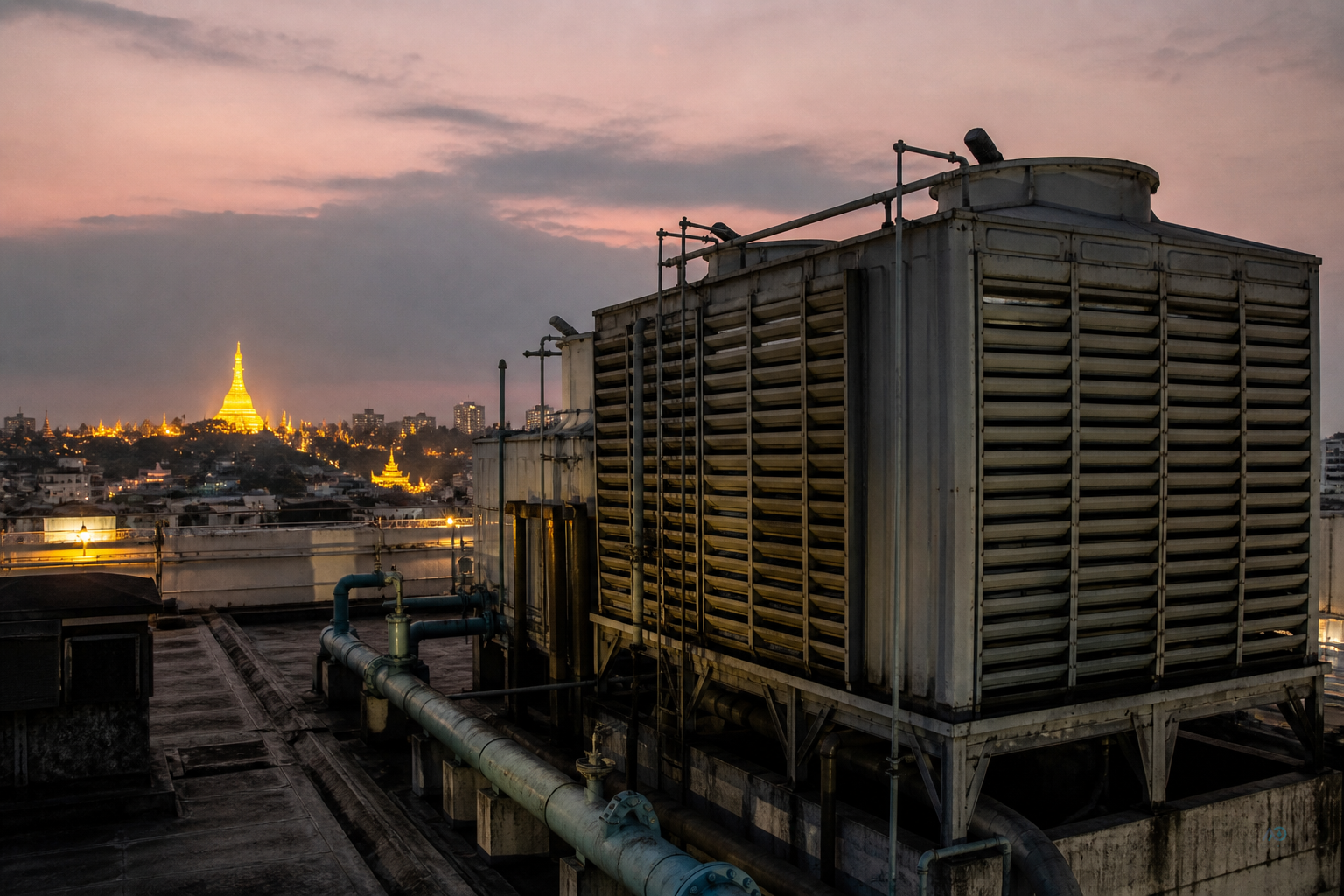 Yangon hotel roof cooling tower during low season with engineer checking basin circulation