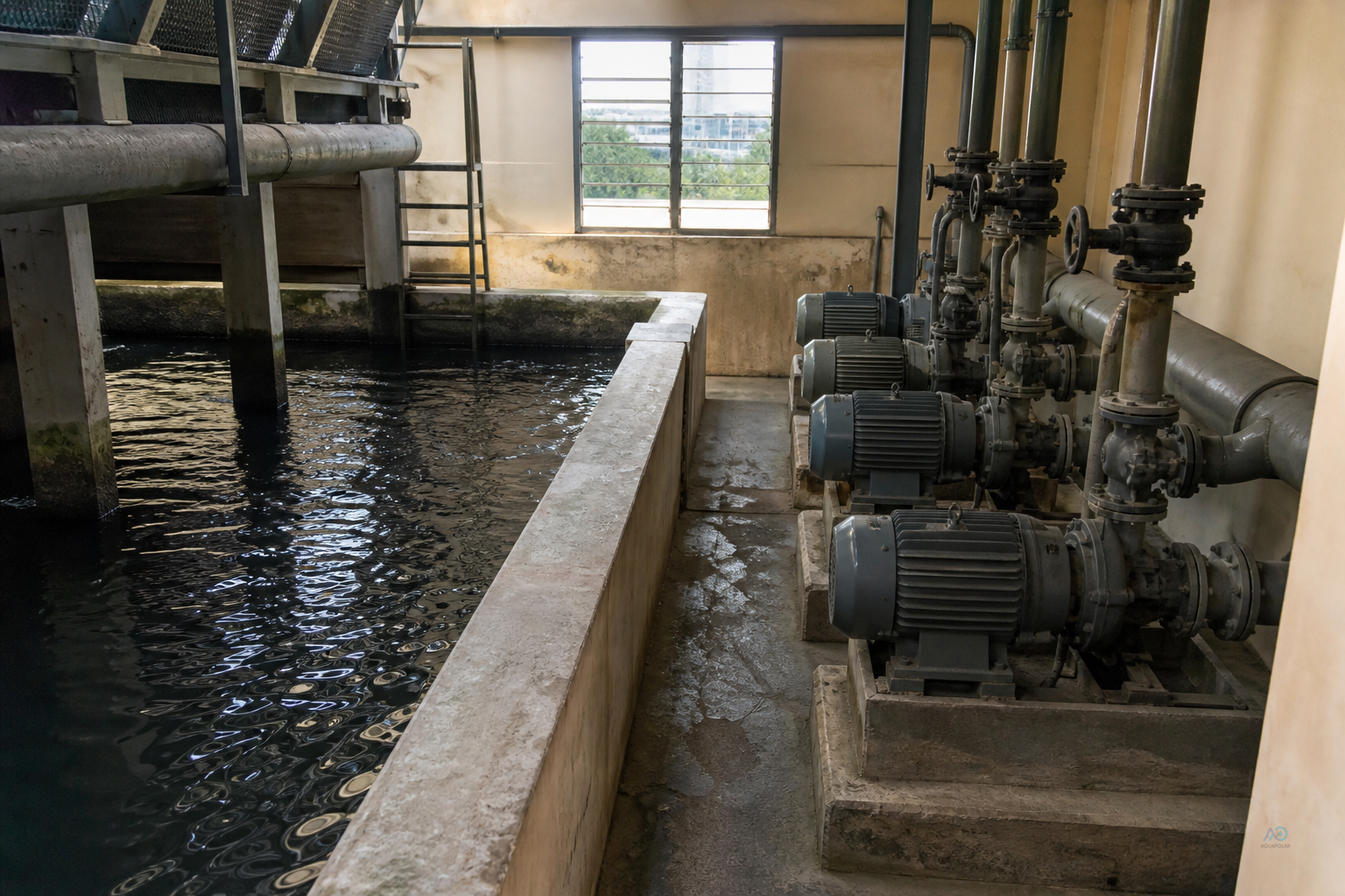 Hotel cooling tower basin during wet standby — low load but water held