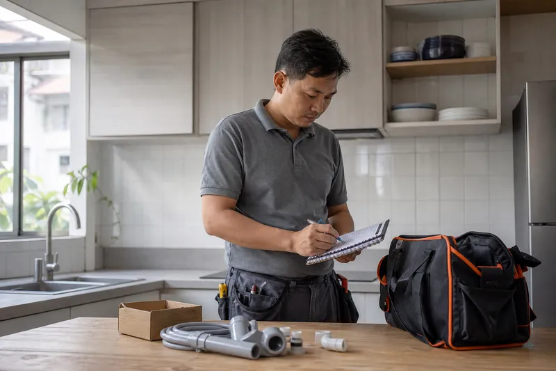 Installer confirming the parts list at a Yangon kitchen before opening tools