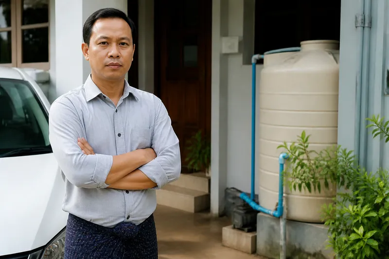 Myanmar couple discussing home water pressure at the AQUAPOLAR showroom
