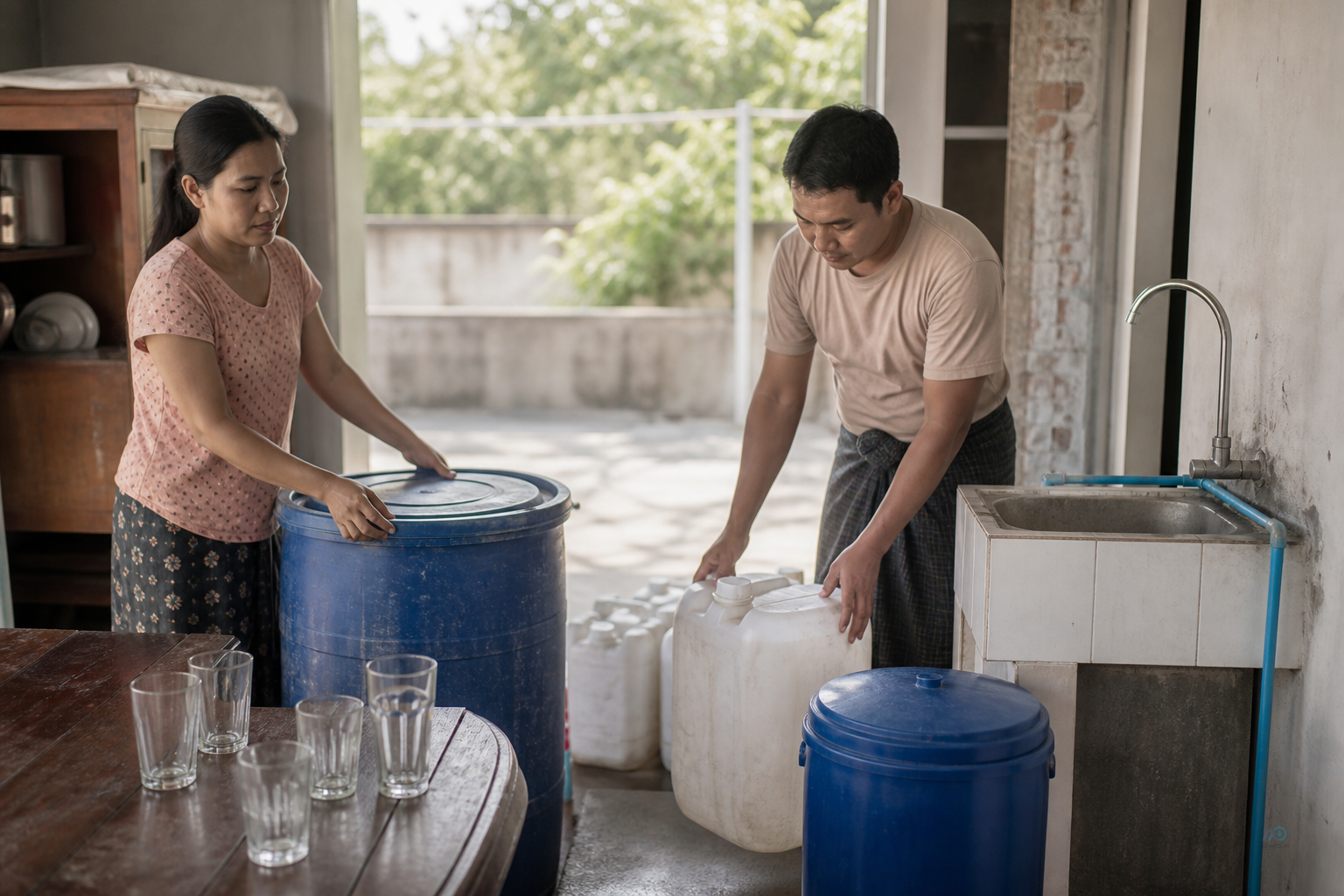 Mandalay kitchen during a water-off hour with storage containers and drinking glasses