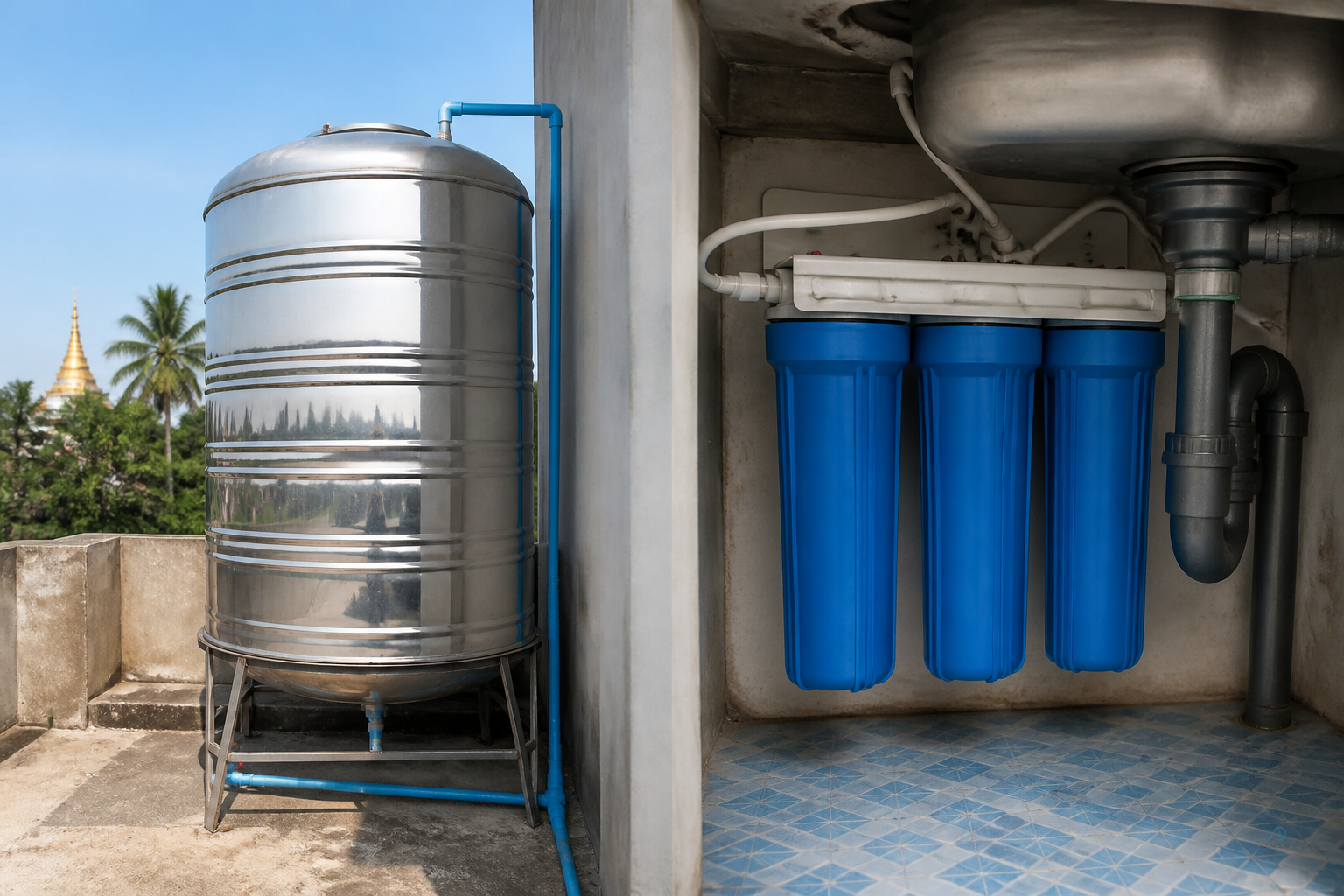 Side-by-side idea: household storage tank plus under-sink purification path