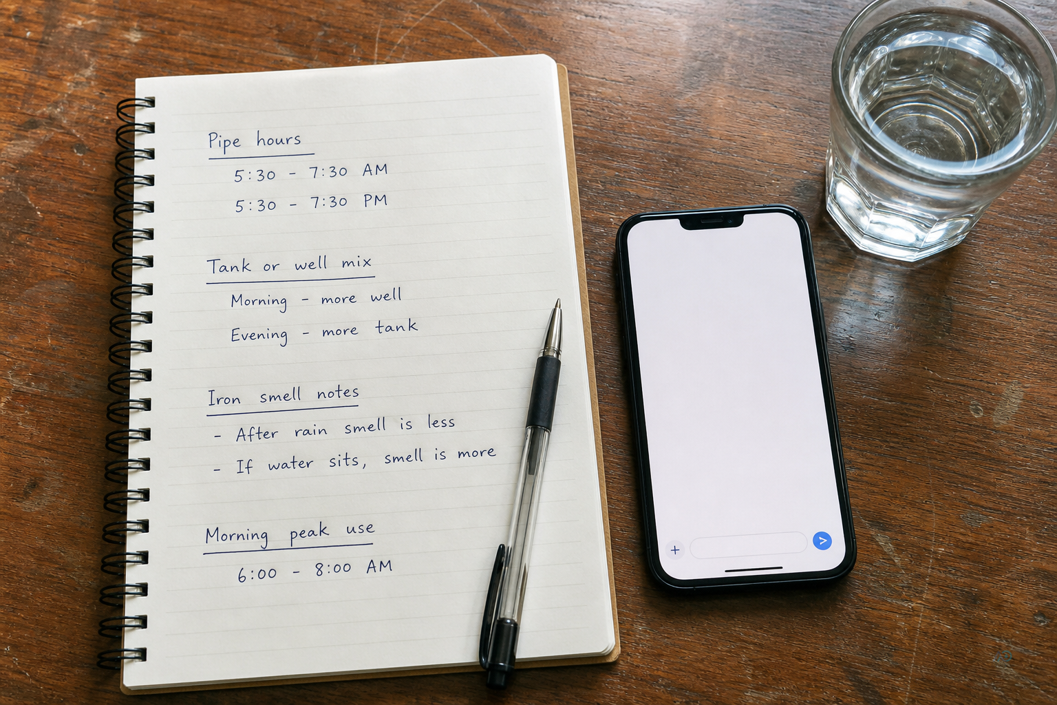 Notebook brief: pipe hours, tank or well mix, iron notes, morning peak use