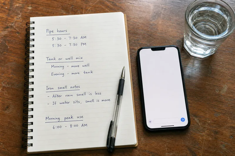 Notebook brief: pipe hours, tank or well mix, iron notes, morning peak use