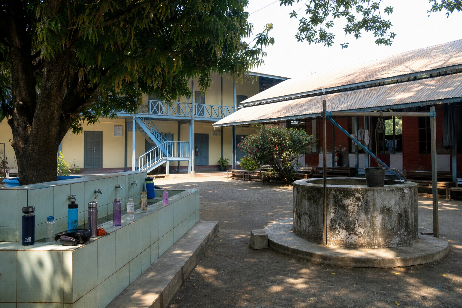 Mandalay school compound shallow well with administrators reviewing a coliform test note