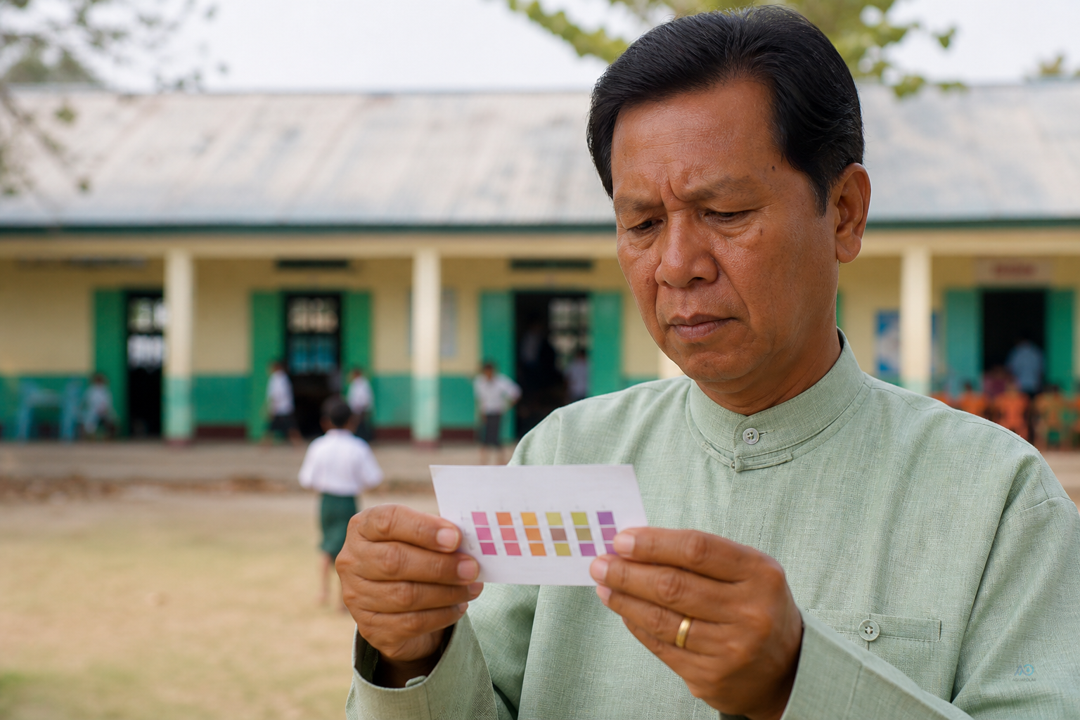 Coliform-positive well test slip on a Mandalay school admin desk — date and sampling point visible