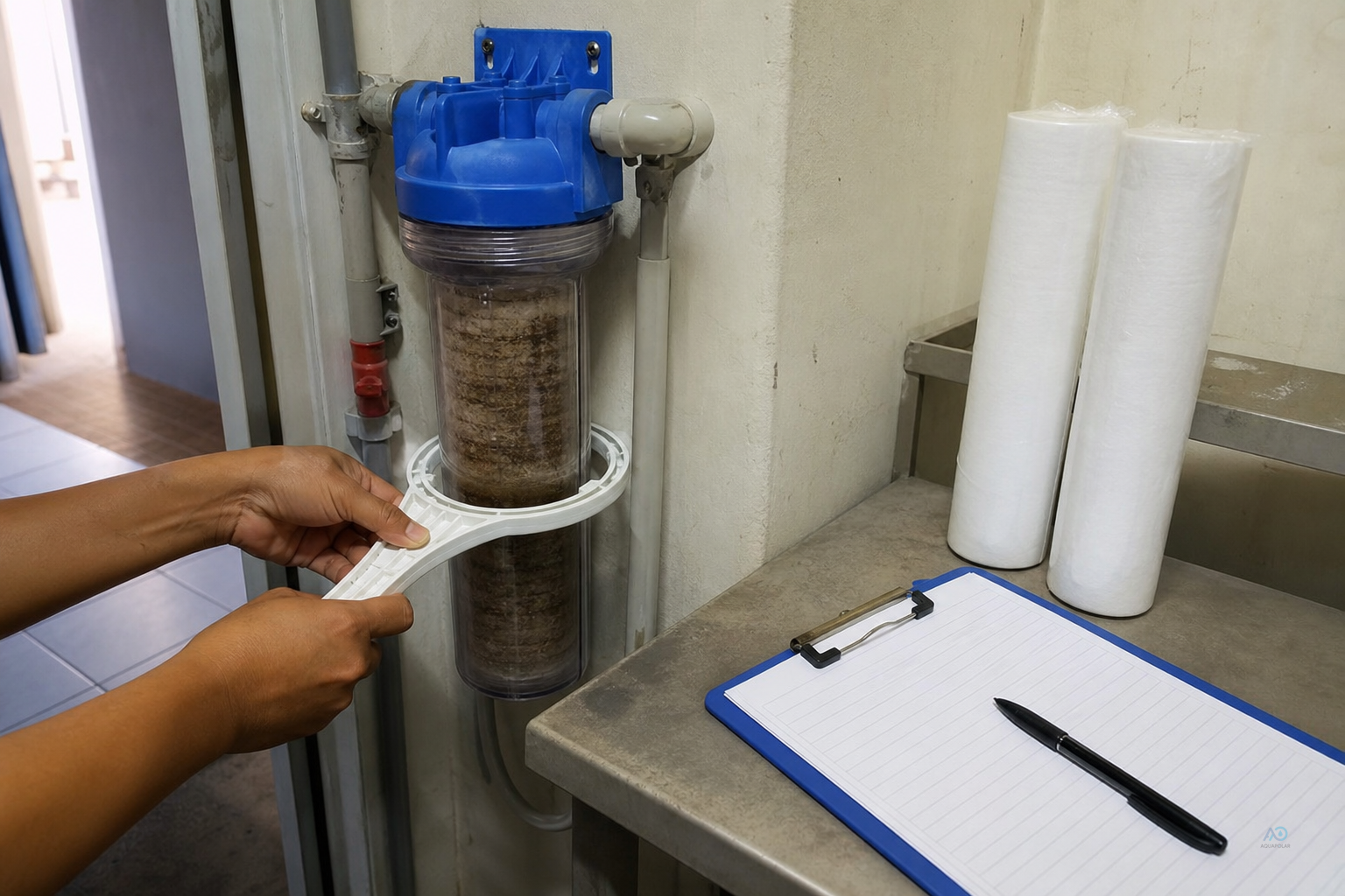 Filter housing service check in a hotel back-of-house area — spanner, spare cartridges and a maintenance log sheet