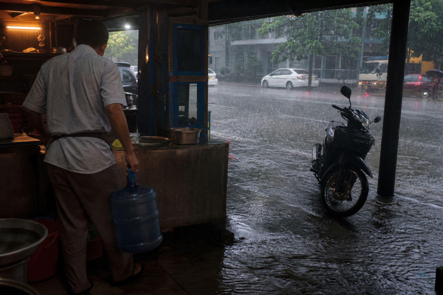 Monsoon rain outside a Yangon restaurant — wet street, kitchen staff moving water containers under shelter
