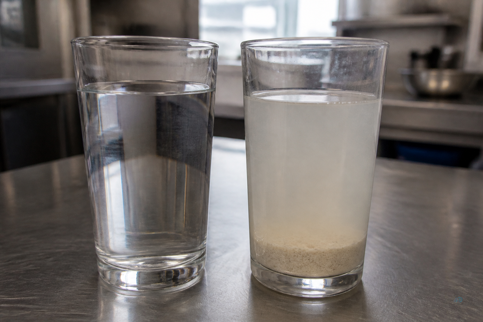 Two glasses of water on a stainless kitchen counter — one clear, one visibly cloudy with fine sediment